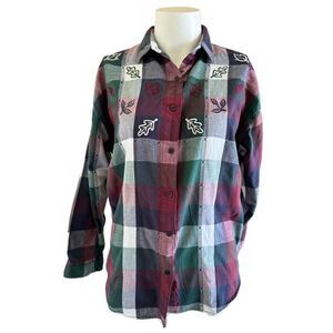 Maggie & Max women’s L 100% cotton plaid 90’s Autumn embroidered leaf button up
